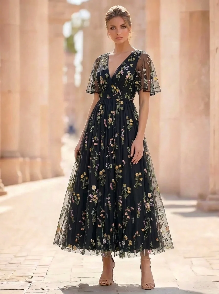 A-Line/Princess Floral Cocktail Dresses Short Sleeves V Neck Tea Length Dresses
