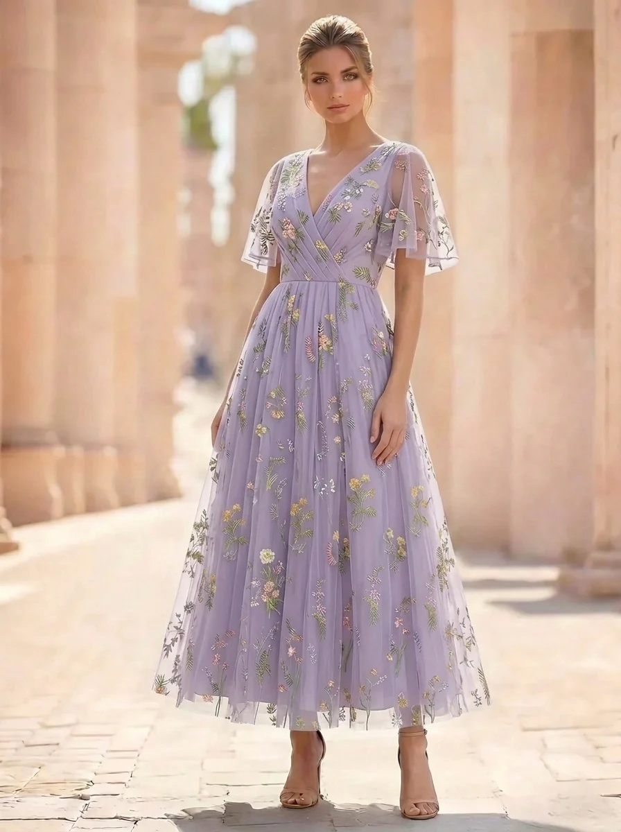 A-Line/Princess Floral Cocktail Dresses Short Sleeves V Neck Tea Length Dresses