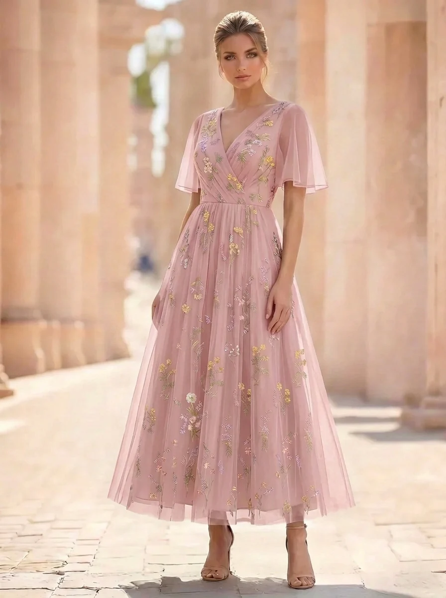 A-Line/Princess Floral Cocktail Dresses Short Sleeves V Neck Tea Length Dresses