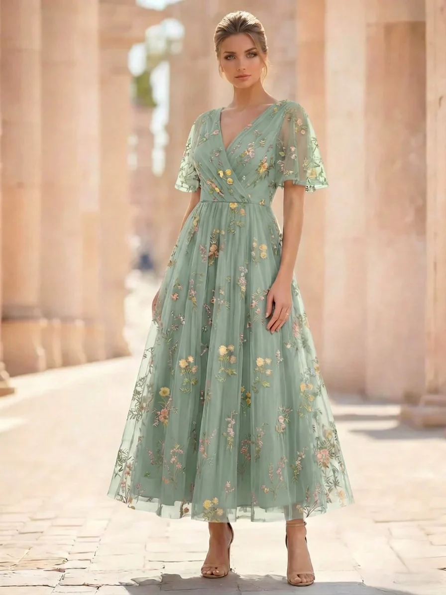 A-Line/Princess Floral Cocktail Dresses Short Sleeves V Neck Tea Length Dresses