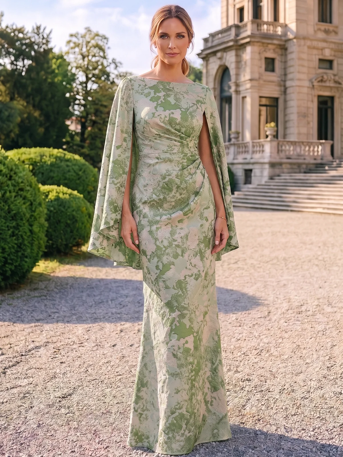 Bateau Neck Long Sleeves Ruched Jacquard Floor-Length Sheath Dress