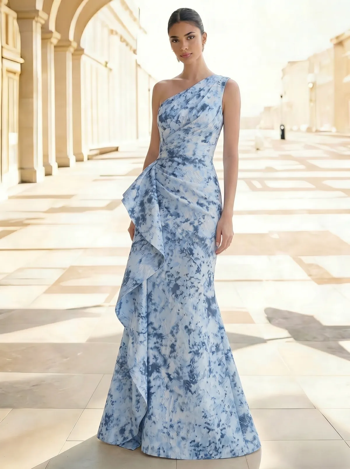 Sheath/Column Evening Gown Elegant Jacquard Floral Dress Prom Floor Length Sleeveless One Shoulder Ruffle with Slid Split Green Wedding Guest Dress