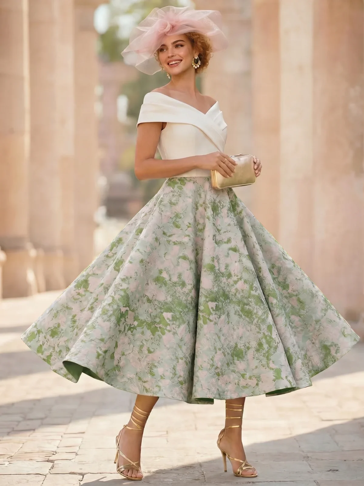 A-Line Cocktail Dress Elegant Jacquard Floral Dress Off The Shoulder Tea Length Short Sleeves with Pocket Wedding Guest Dress