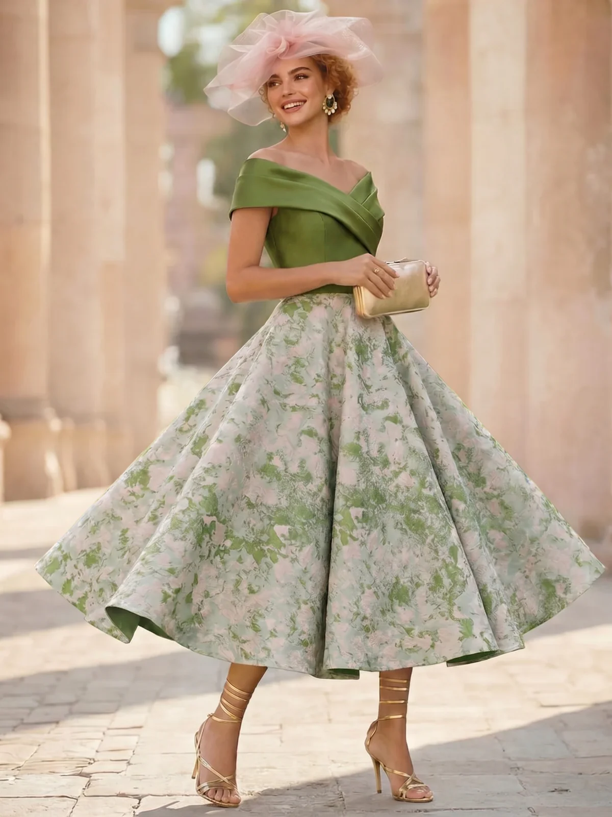 A-Line Cocktail Dress Elegant Jacquard Floral Dress Off The Shoulder Tea Length Short Sleeves with Pocket Wedding Guest Dress
