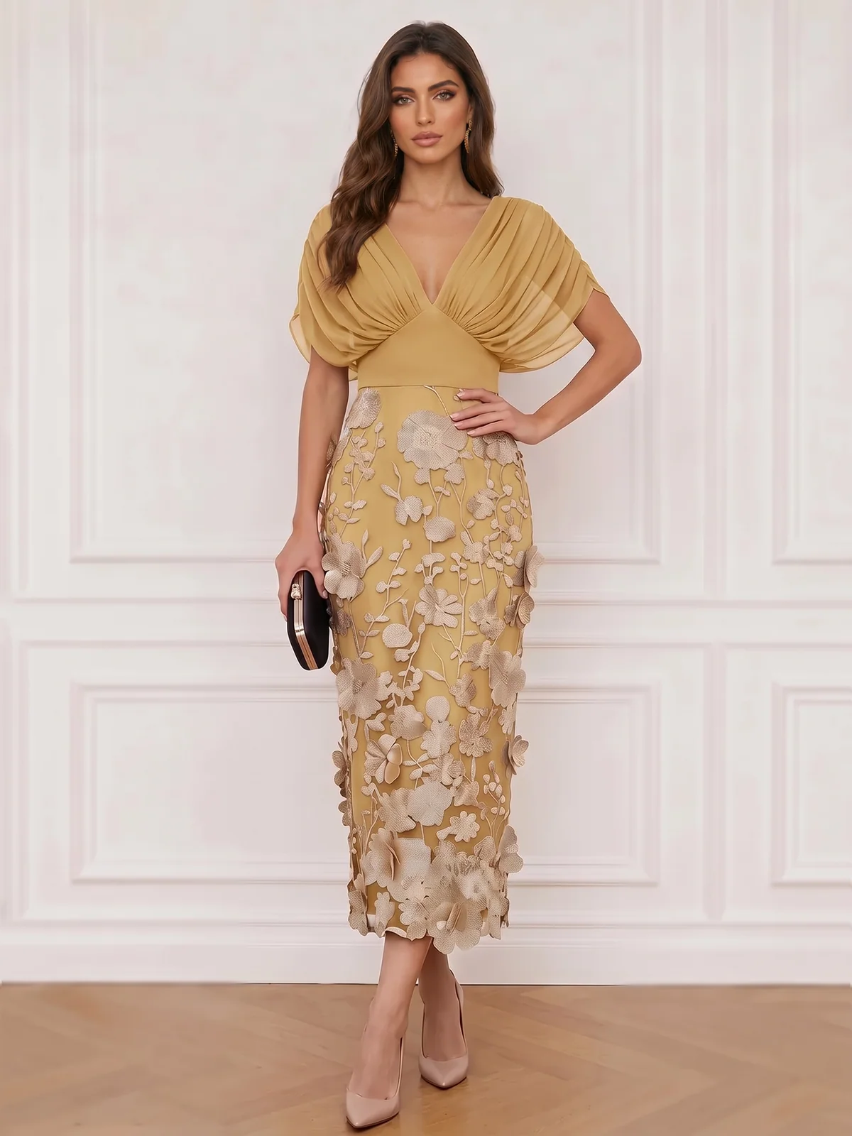 V-Neck Chiffon and Embroidered Floral Midi Sheath Dress