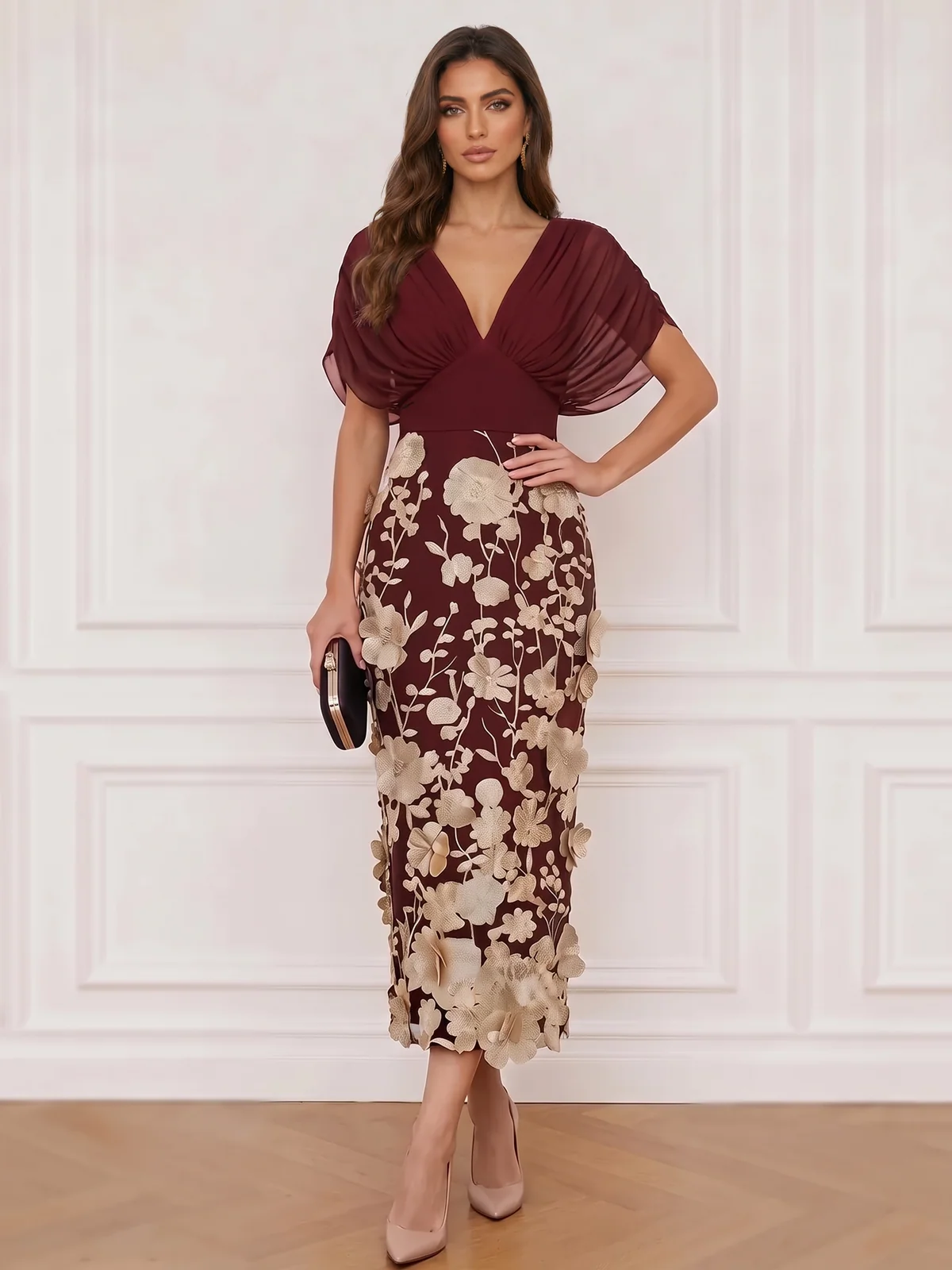 V-Neck Chiffon and Embroidered Floral Midi Sheath Dress