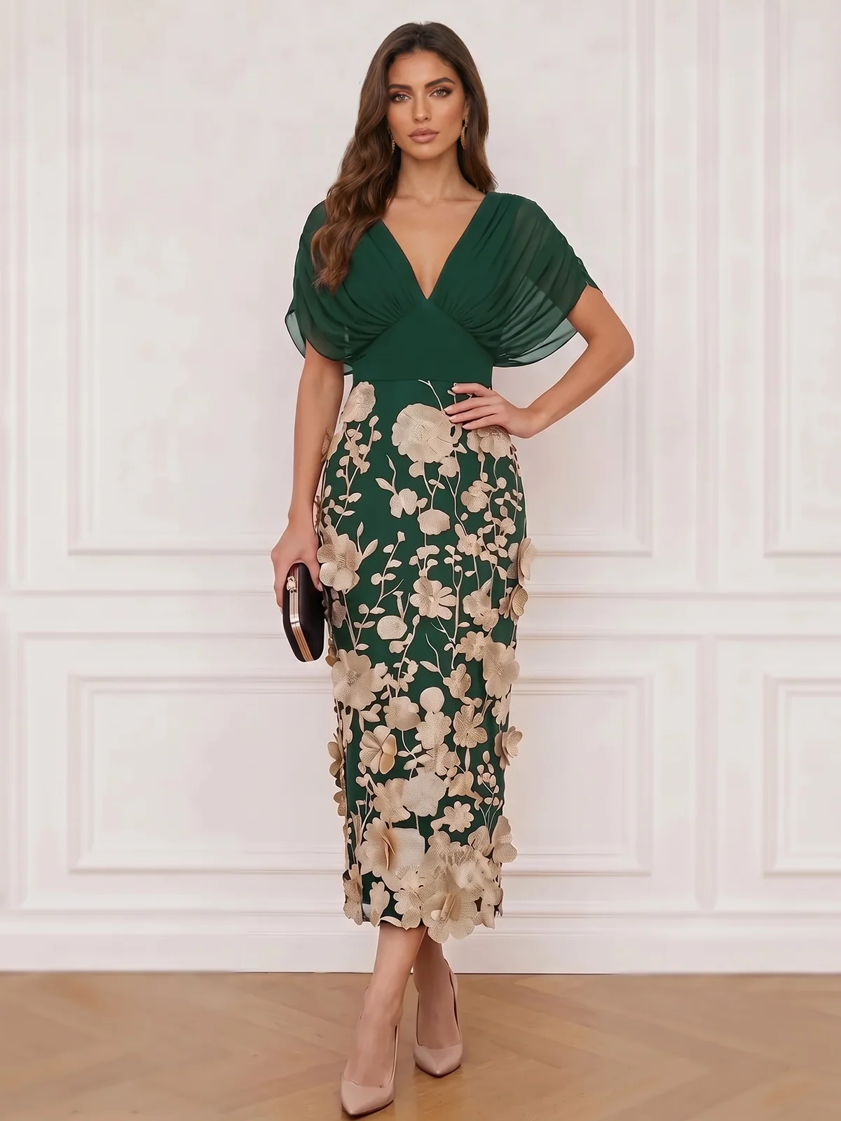 V-Neck Chiffon and Embroidered Floral Midi Sheath Dress