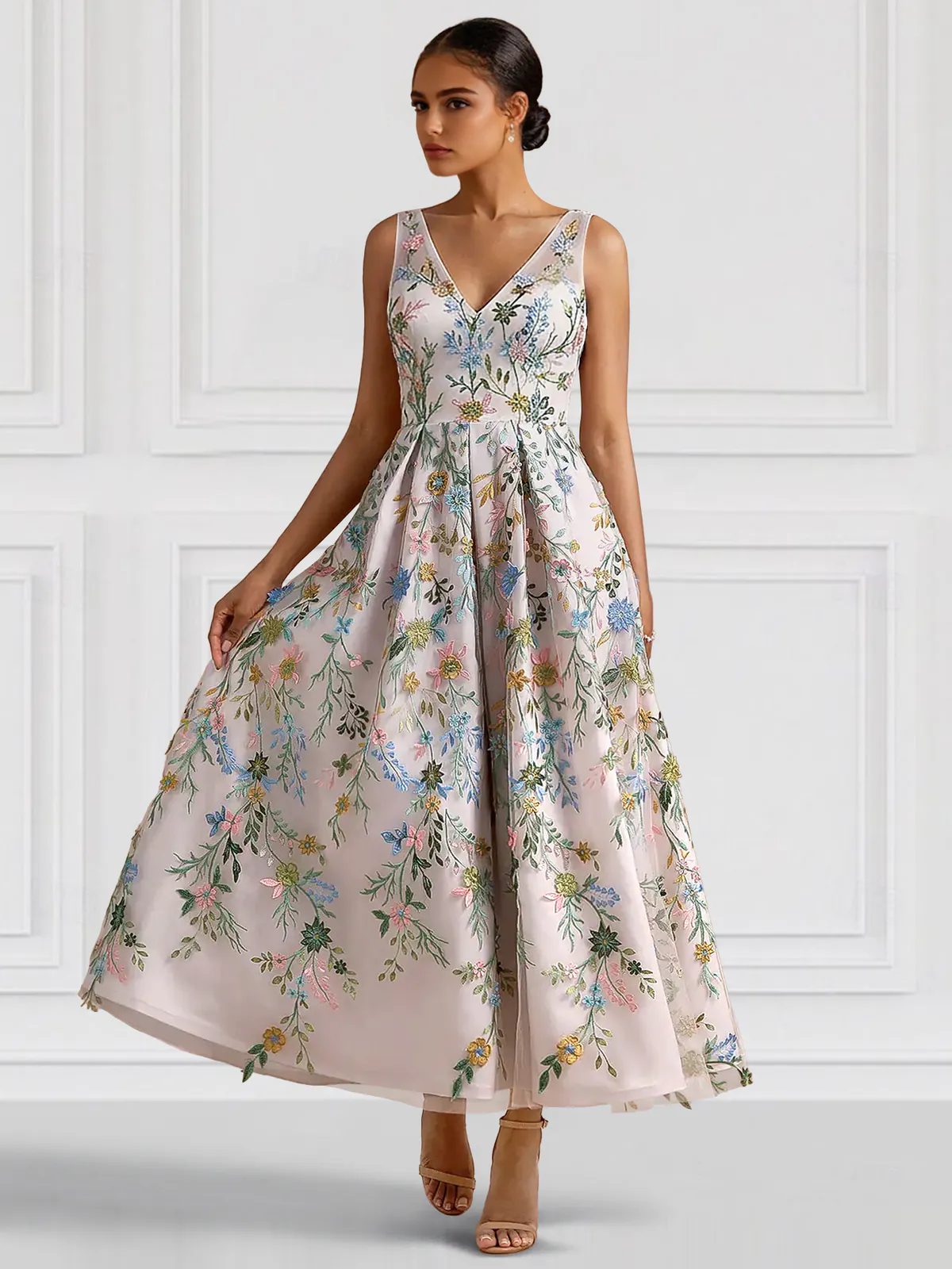 A-Line/Princess Elegant Cocktail Dress V Neck Tea-Length Floral Embroiery Dress Formal Wedding Guest