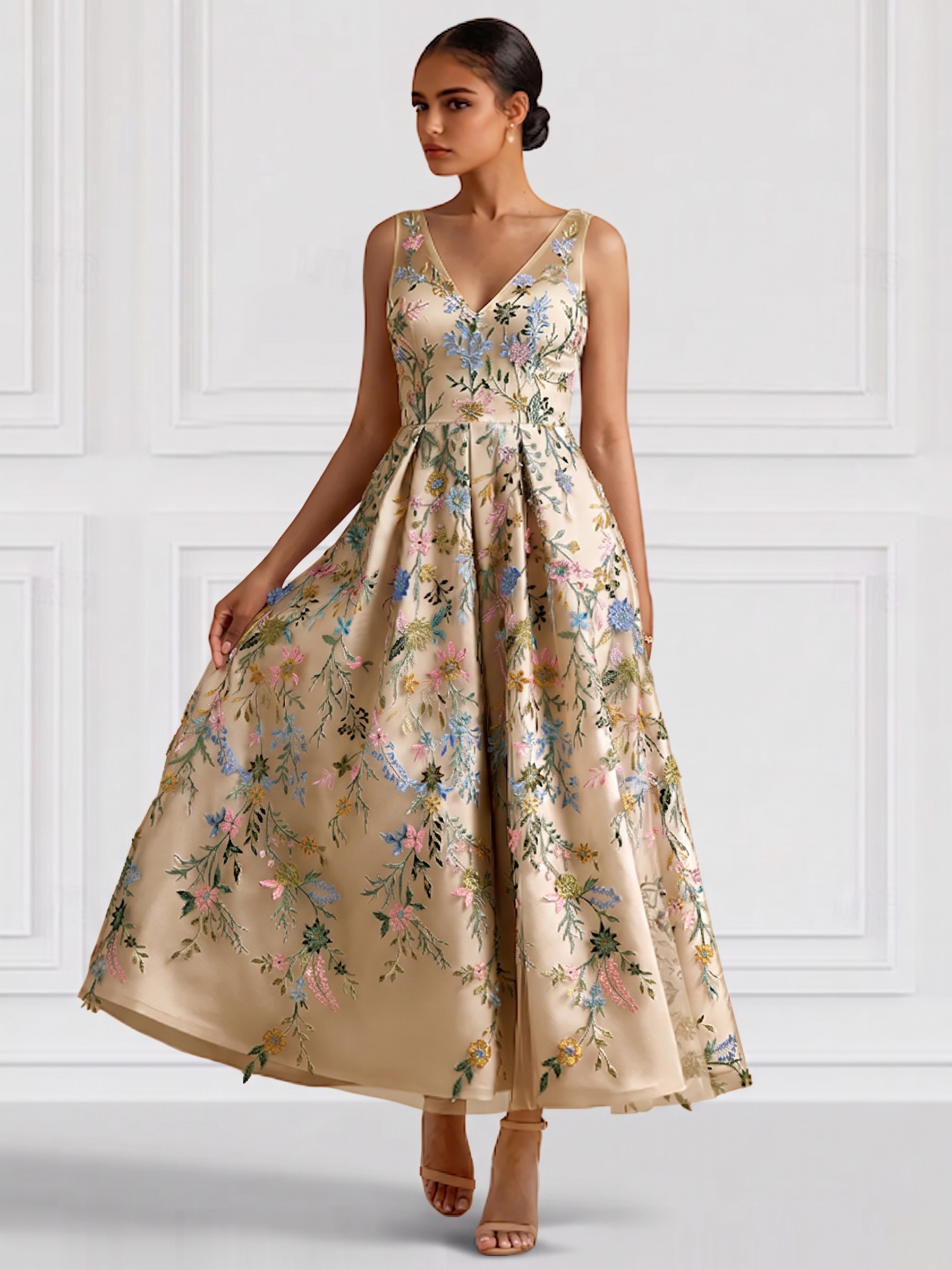 A-Line/Princess Elegant Cocktail Dress V Neck Tea-Length Floral Embroiery Dress Formal Wedding Guest