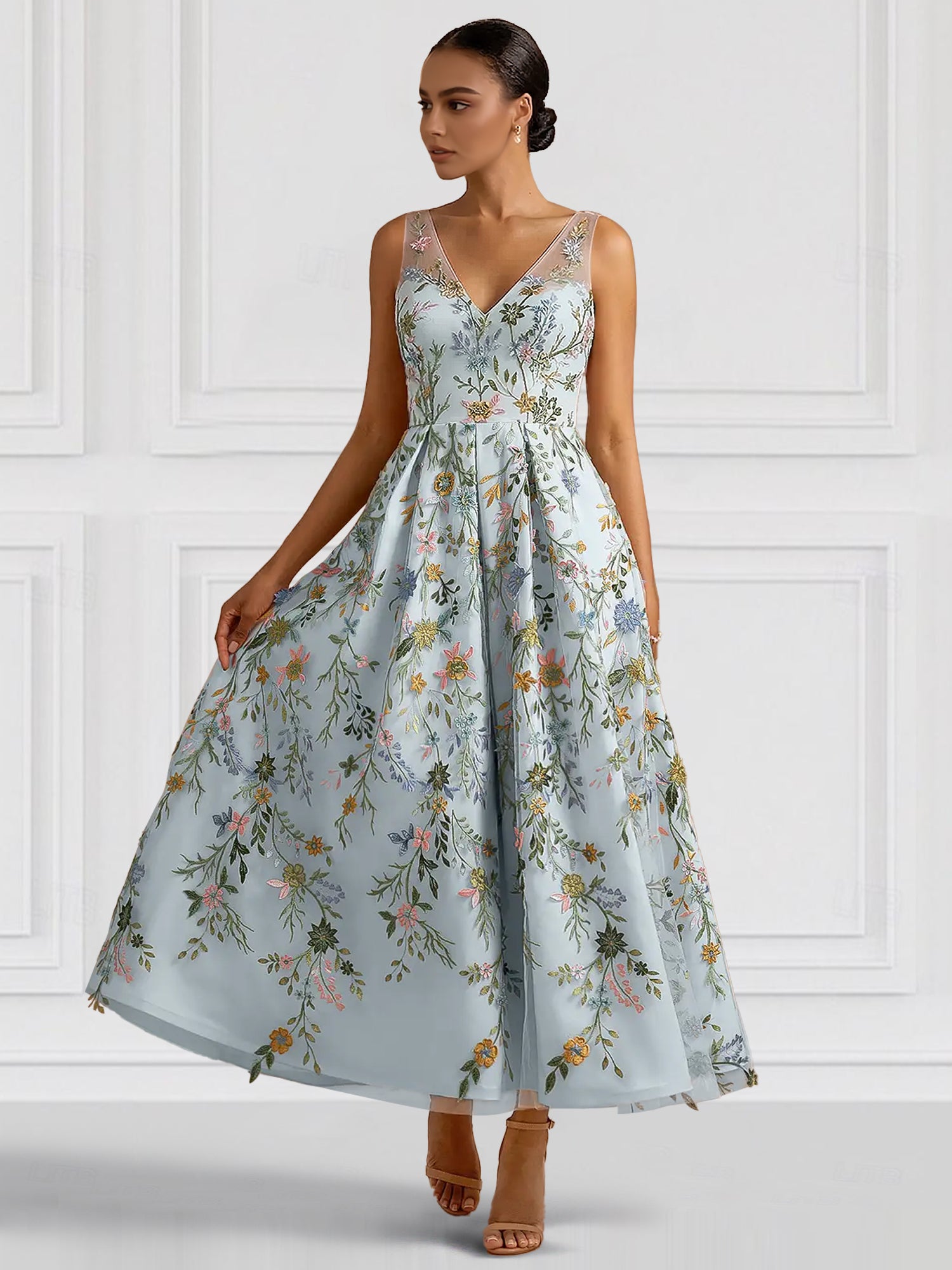 A-Line/Princess Elegant Cocktail Dress V Neck Tea-Length Floral Embroiery Dress Formal Wedding Guest