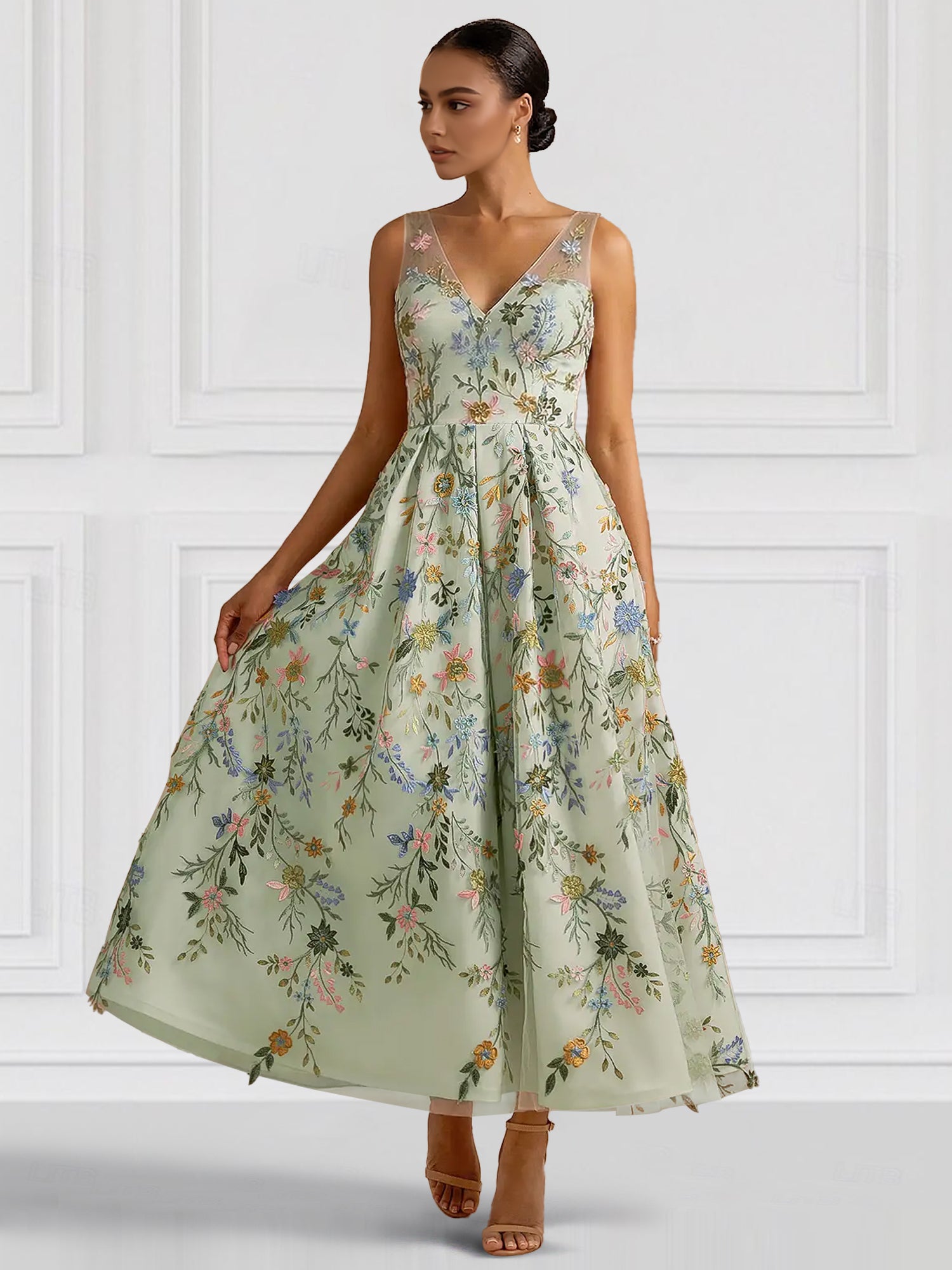 A-Line/Princess Elegant Cocktail Dress V Neck Tea-Length Floral Embroiery Dress Formal Wedding Guest