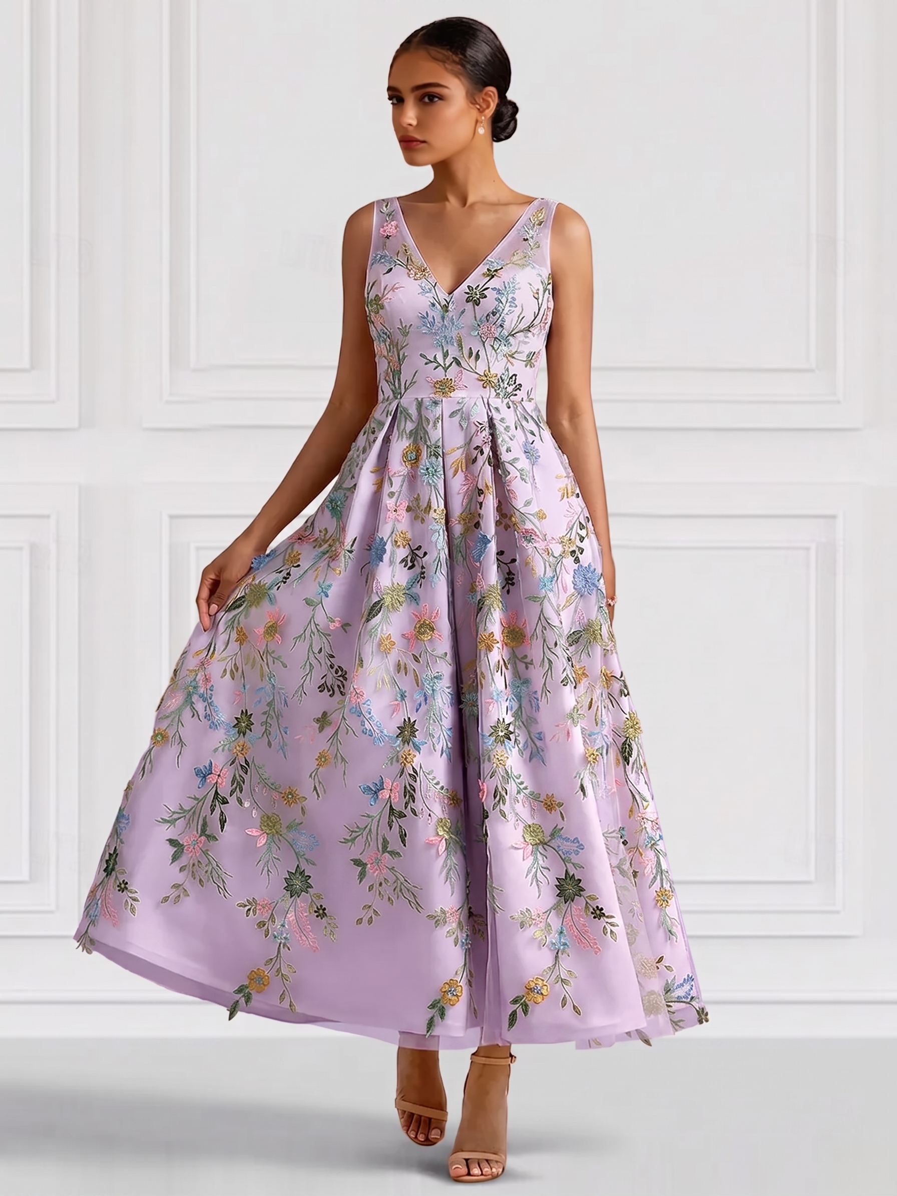 A-Line/Princess Elegant Cocktail Dress V Neck Tea-Length Floral Embroiery Dress Formal Wedding Guest