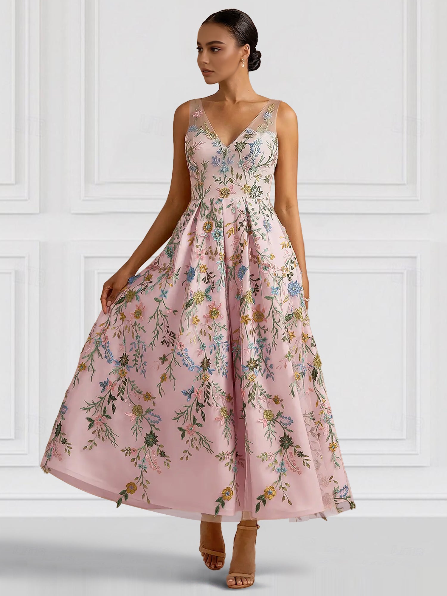 A-Line/Princess Elegant Cocktail Dress V Neck Tea-Length Floral Embroiery Dress Formal Wedding Guest