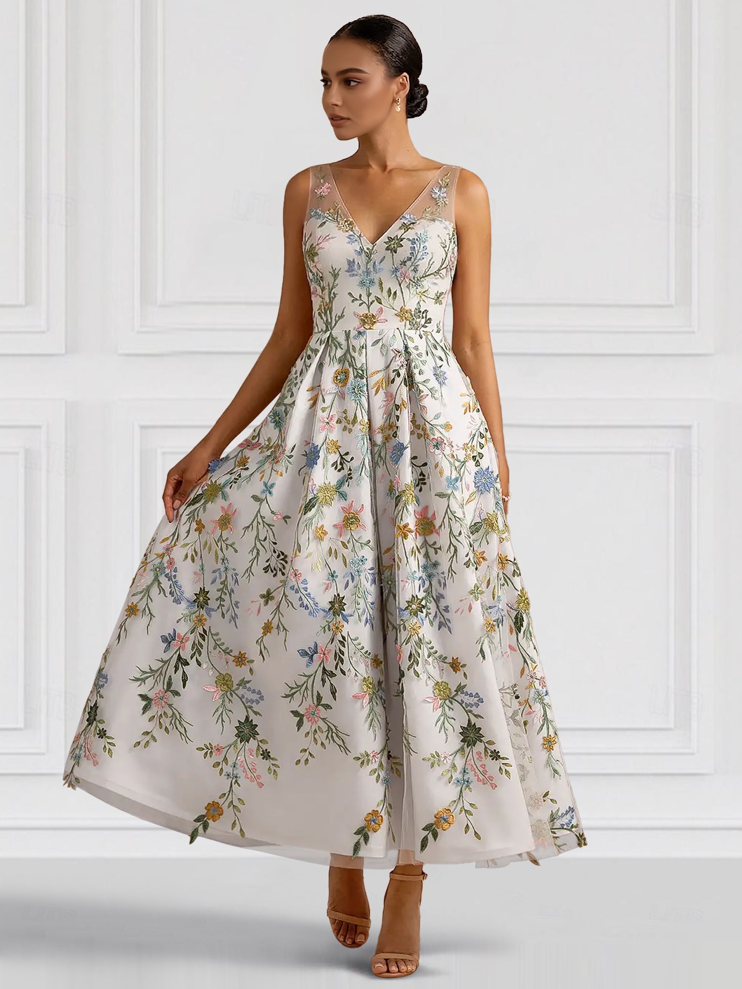 A-Line/Princess Elegant Cocktail Dress V Neck Tea-Length Floral Embroiery Dress Formal Wedding Guest