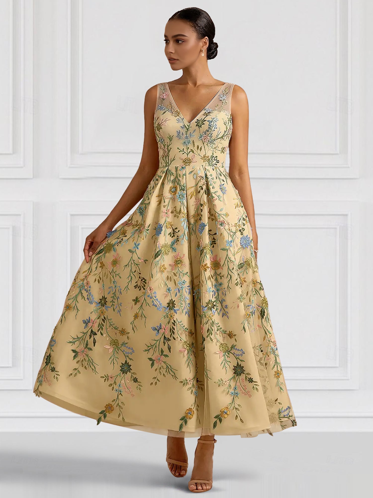 A-Line/Princess Elegant Cocktail Dress V Neck Tea-Length Floral Embroiery Dress Formal Wedding Guest