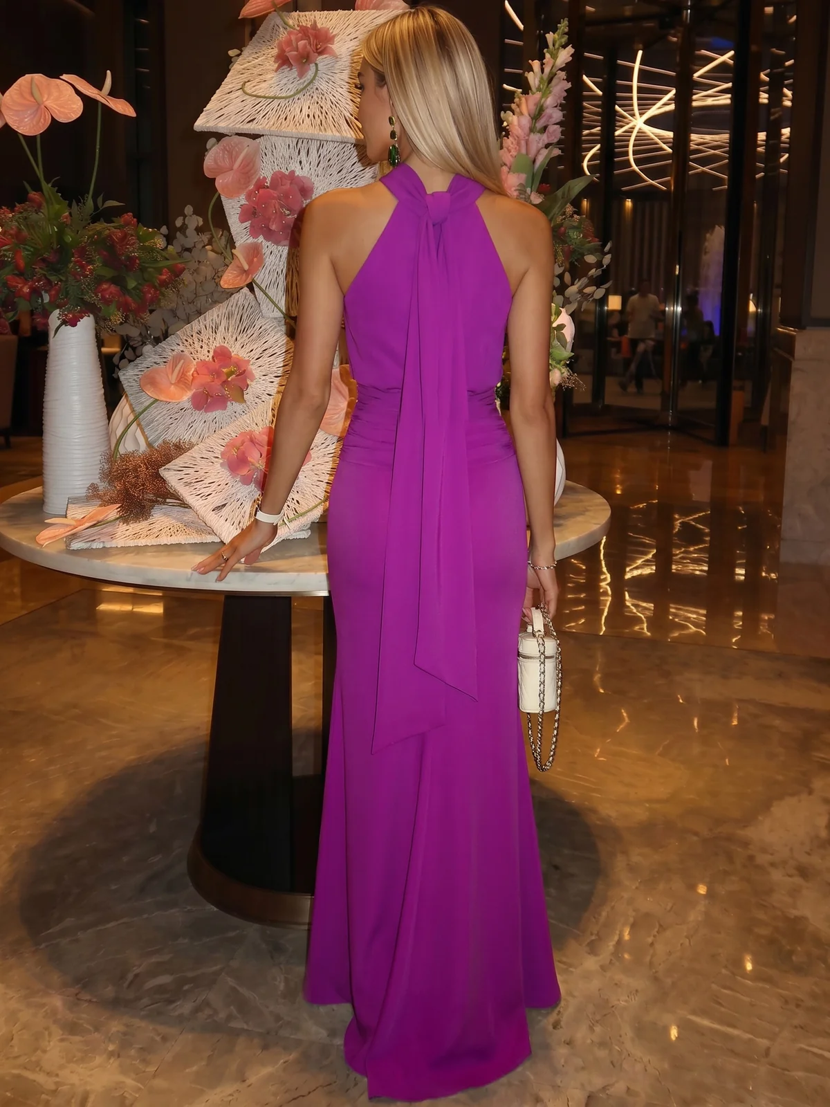 Sheath/Column Evening Dresses Chiffon Halter Sleeveless Floor-Length Ruched With Neck Sash Wedding Guest Dresses