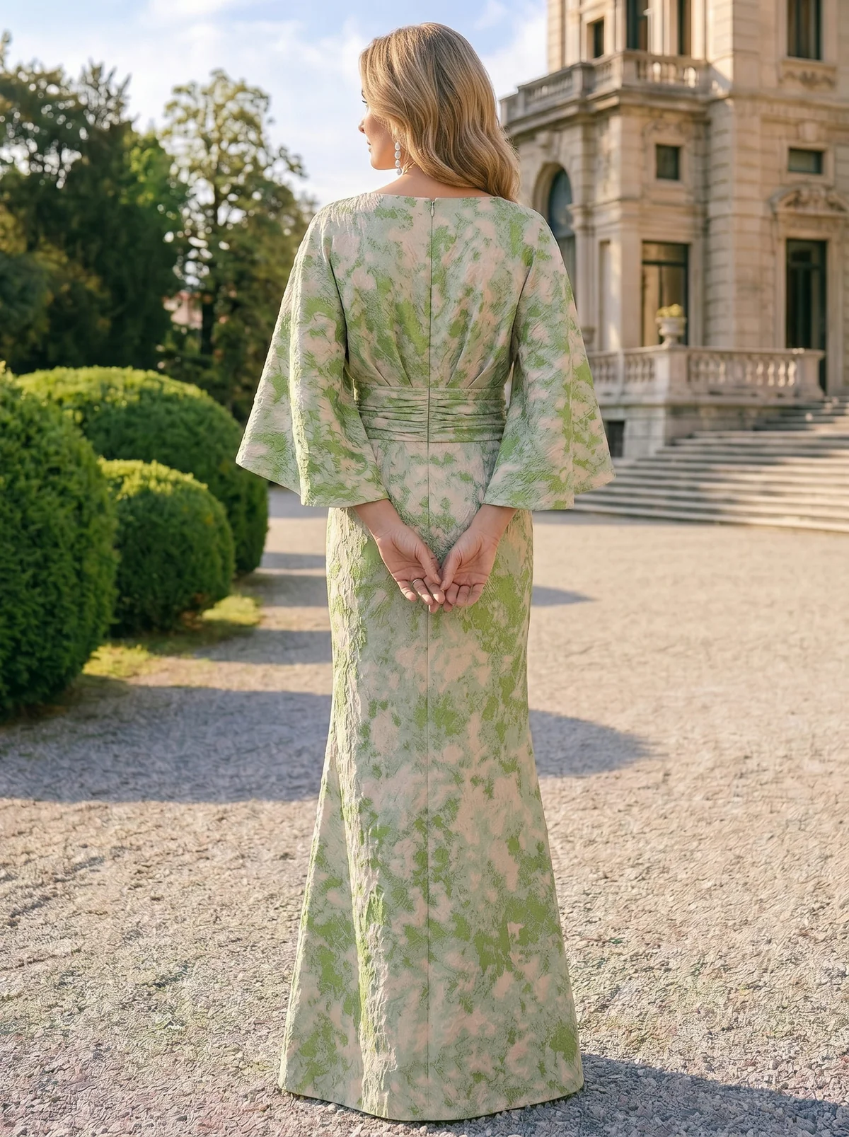 Sheath Mother Of The Bride Dress Elegant Formal Gown Wedding Guest Floor Length Cape Sleeve Pocket Jacquard Dresses