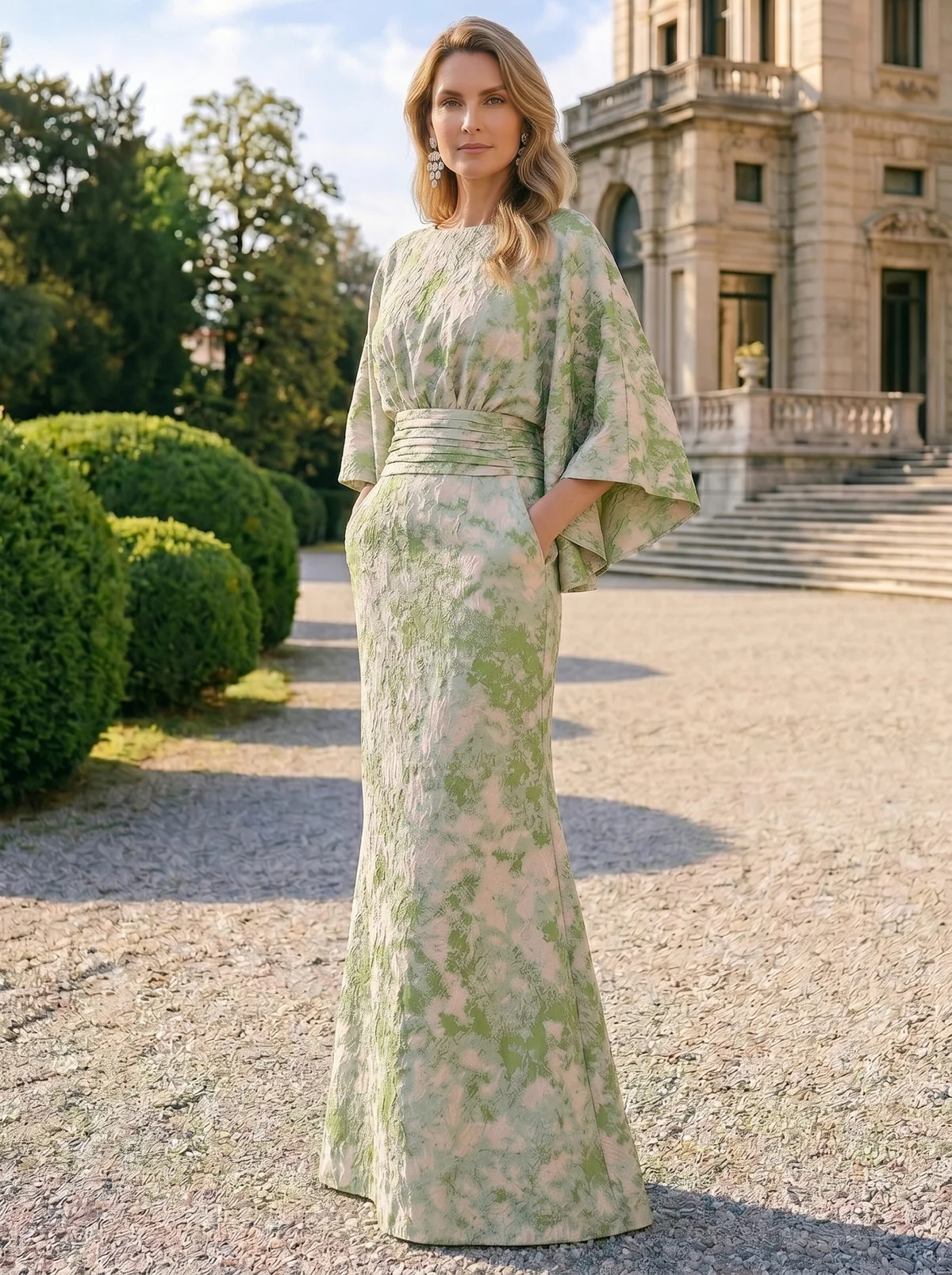 Sheath Mother Of The Bride Dress Elegant Formal Gown Wedding Guest Floor Length Cape Sleeve Pocket Jacquard Dresses