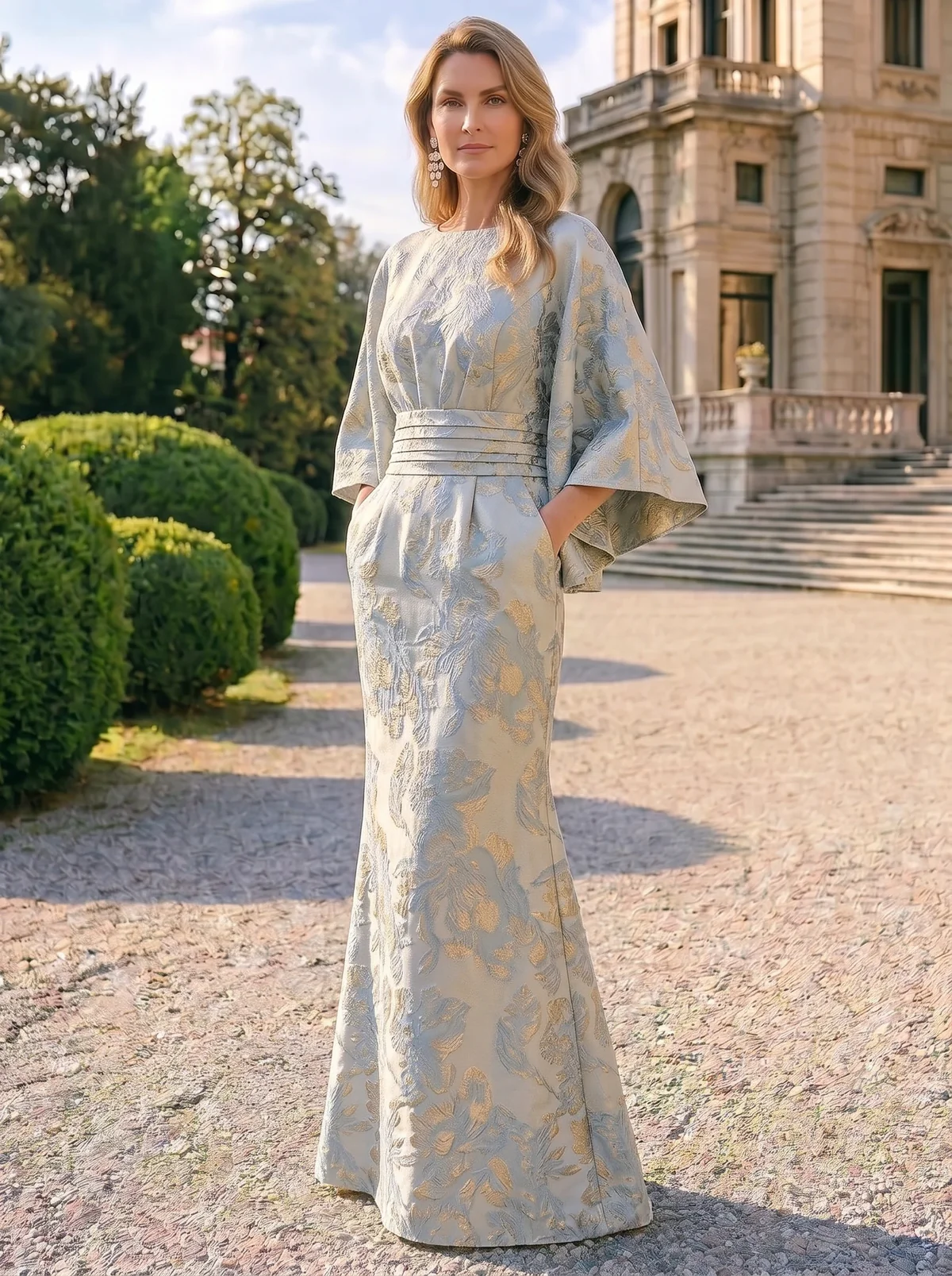 Sheath Mother Of The Bride Dress Elegant Formal Gown Wedding Guest Floor Length Cape Sleeve Pocket Jacquard Dresses