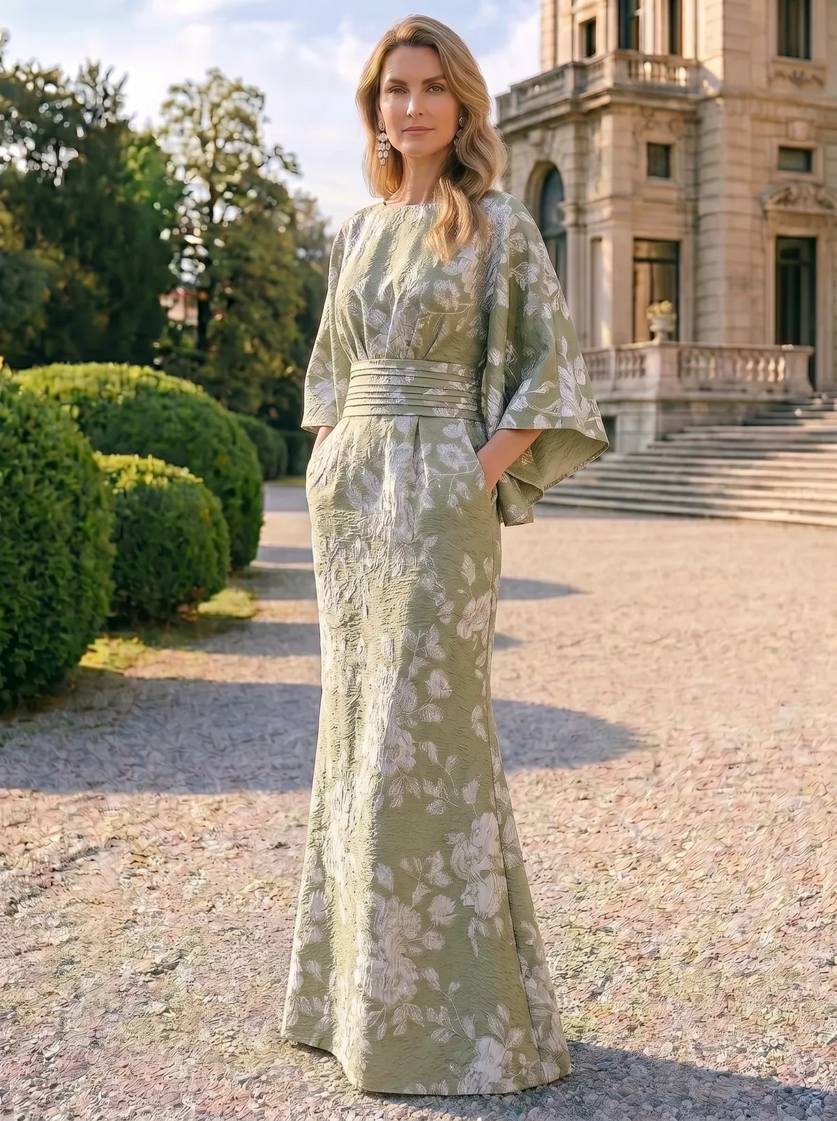 Sheath Mother Of The Bride Dress Elegant Formal Gown Wedding Guest Floor Length Cape Sleeve Pocket Jacquard Dresses