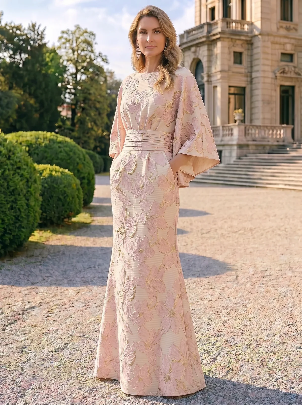 Sheath Mother Of The Bride Dress Elegant Formal Gown Wedding Guest Floor Length Cape Sleeve Pocket Jacquard Dresses