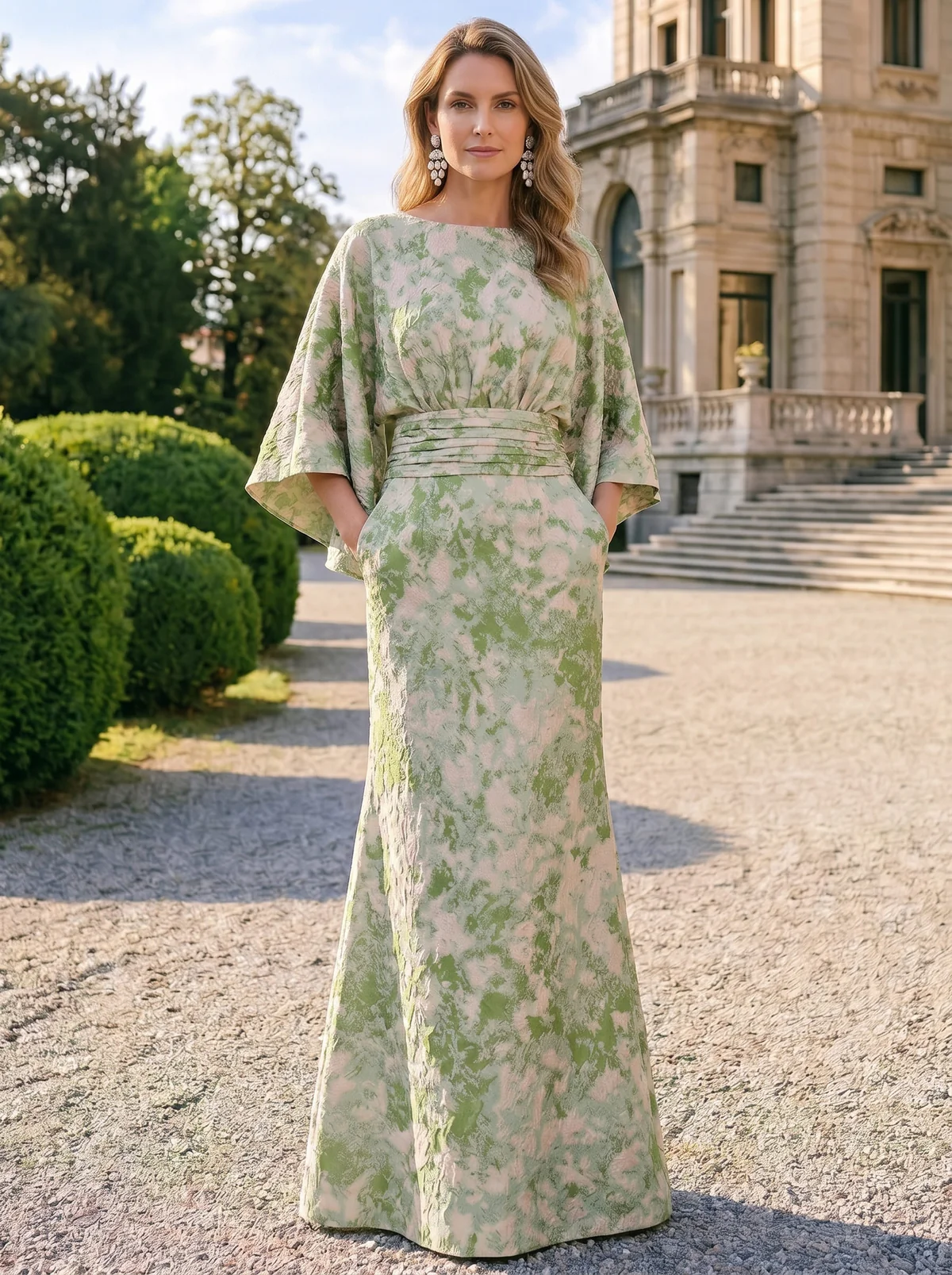 Sheath Mother Of The Bride Dress Elegant Formal Gown Wedding Guest Floor Length Cape Sleeve Pocket Jacquard Dresses