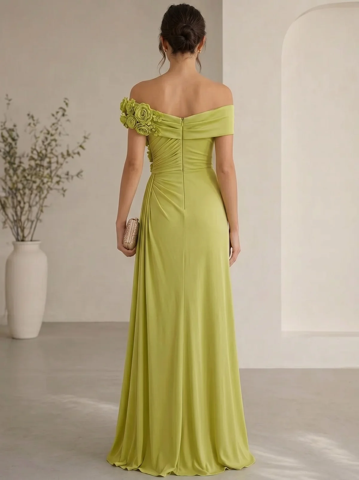 Elegant Floral Accented Off-Shoulder Gown