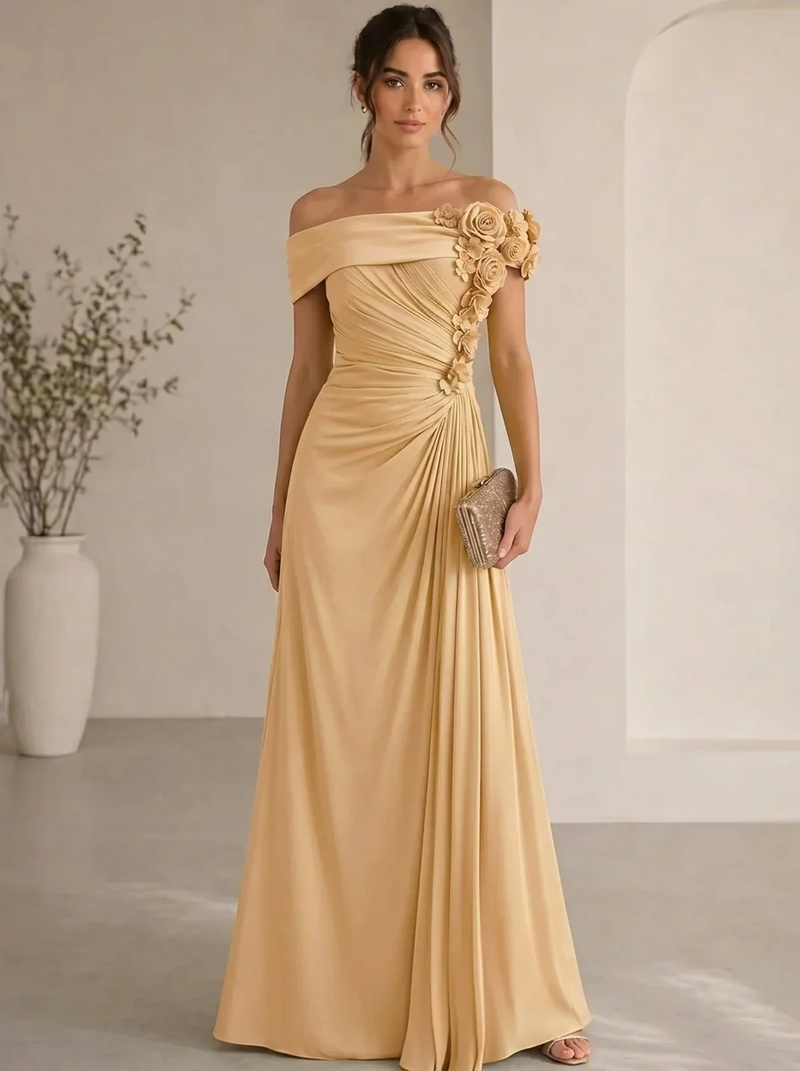 Elegant Floral Accented Off-Shoulder Gown