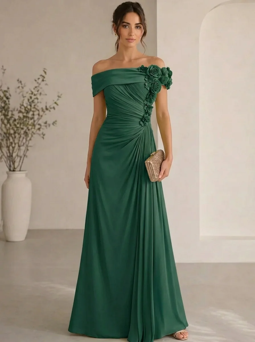 Elegant Floral Accented Off-Shoulder Gown