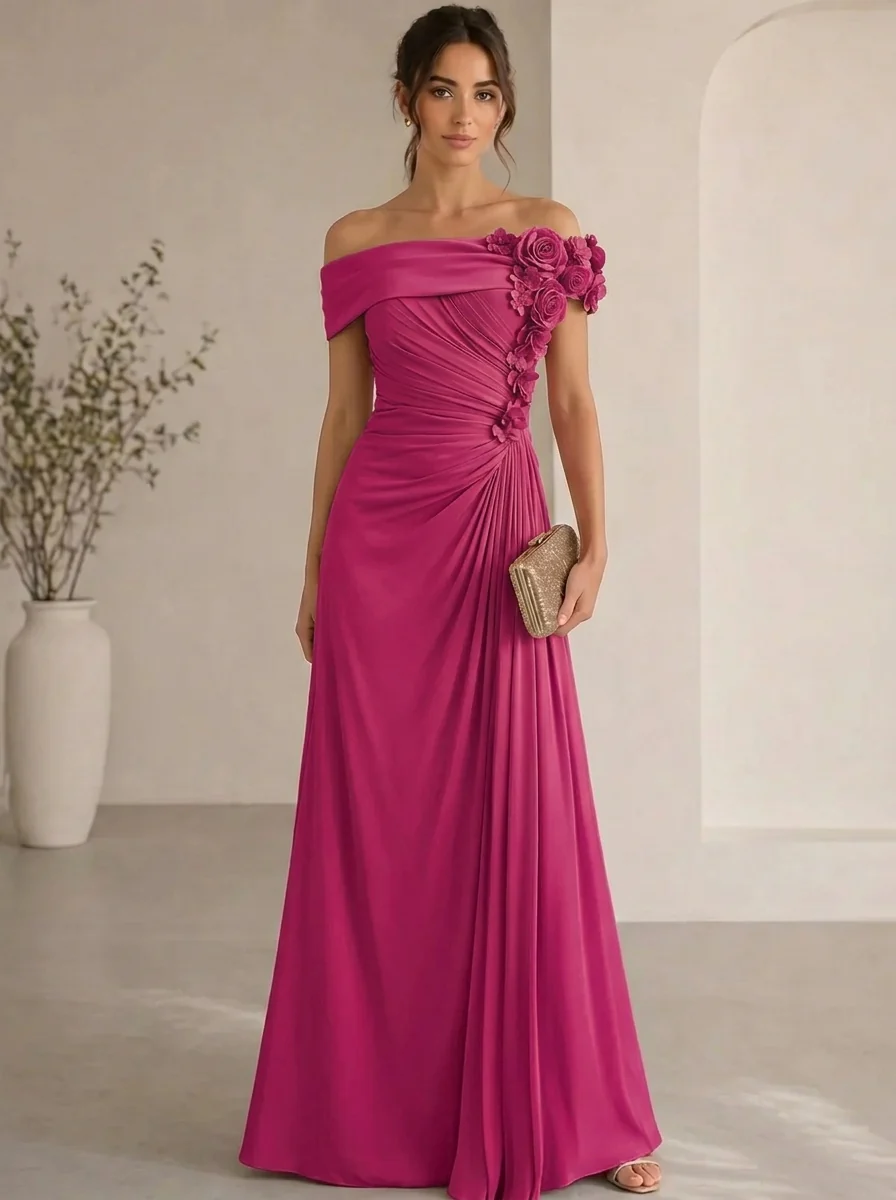 Elegant Floral Accented Off-Shoulder Gown