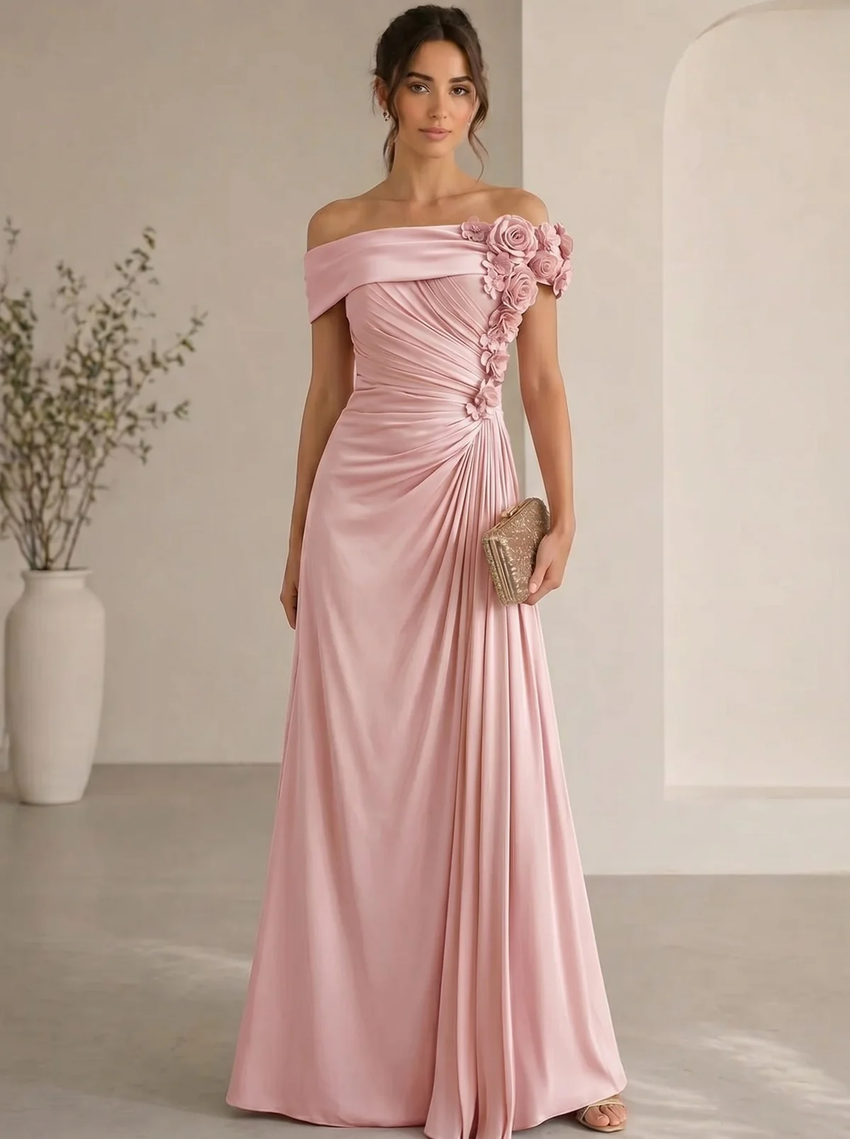 Elegant Floral Accented Off-Shoulder Gown