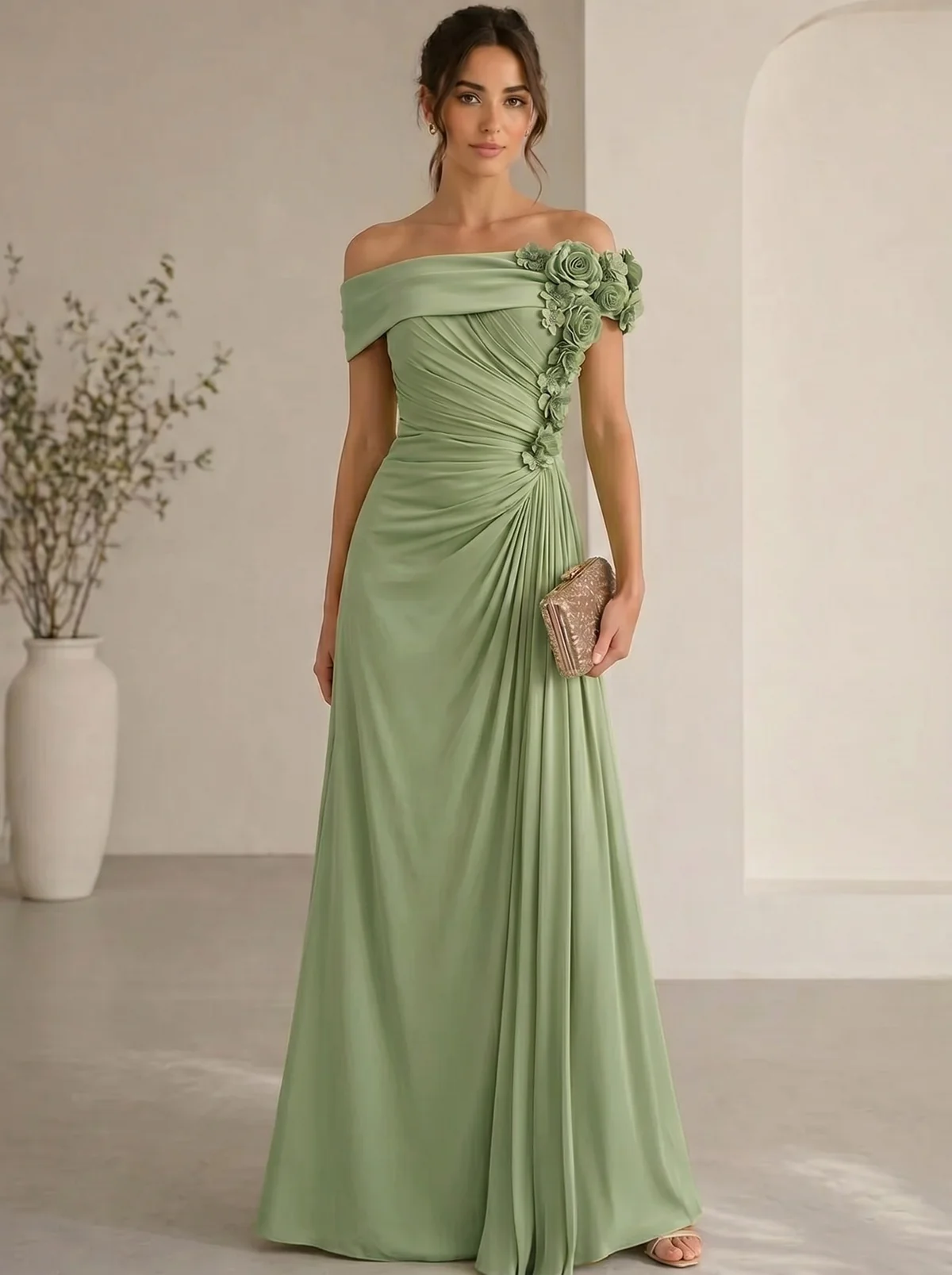 Elegant Floral Accented Off-Shoulder Gown