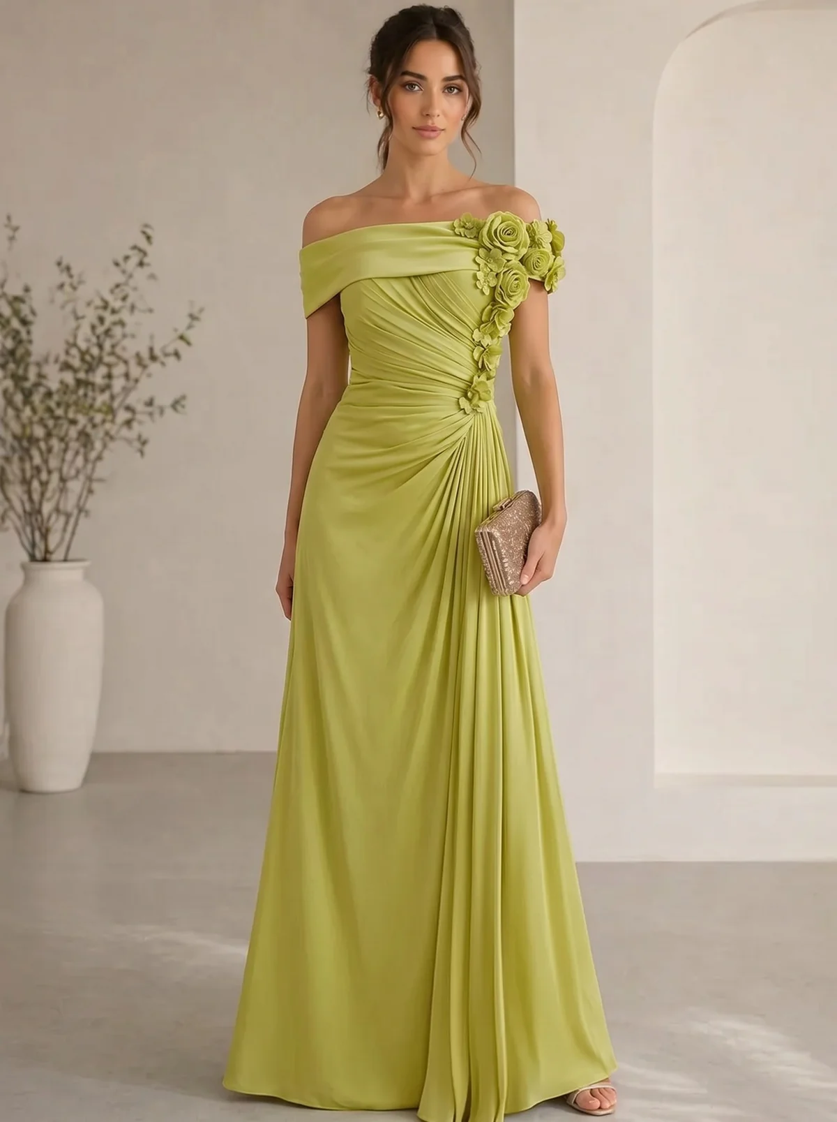 Elegant Floral Accented Off-Shoulder Gown