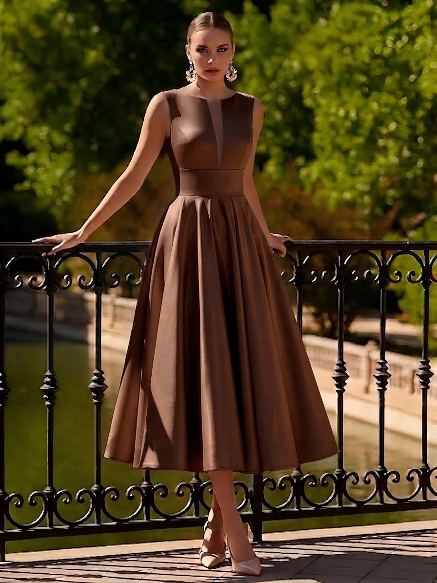 A-Line/Princesses Elegant Cocktail Dress Satin Dress Tea-Length Sleeveless Deep V Neck Cocktail Formal Dress