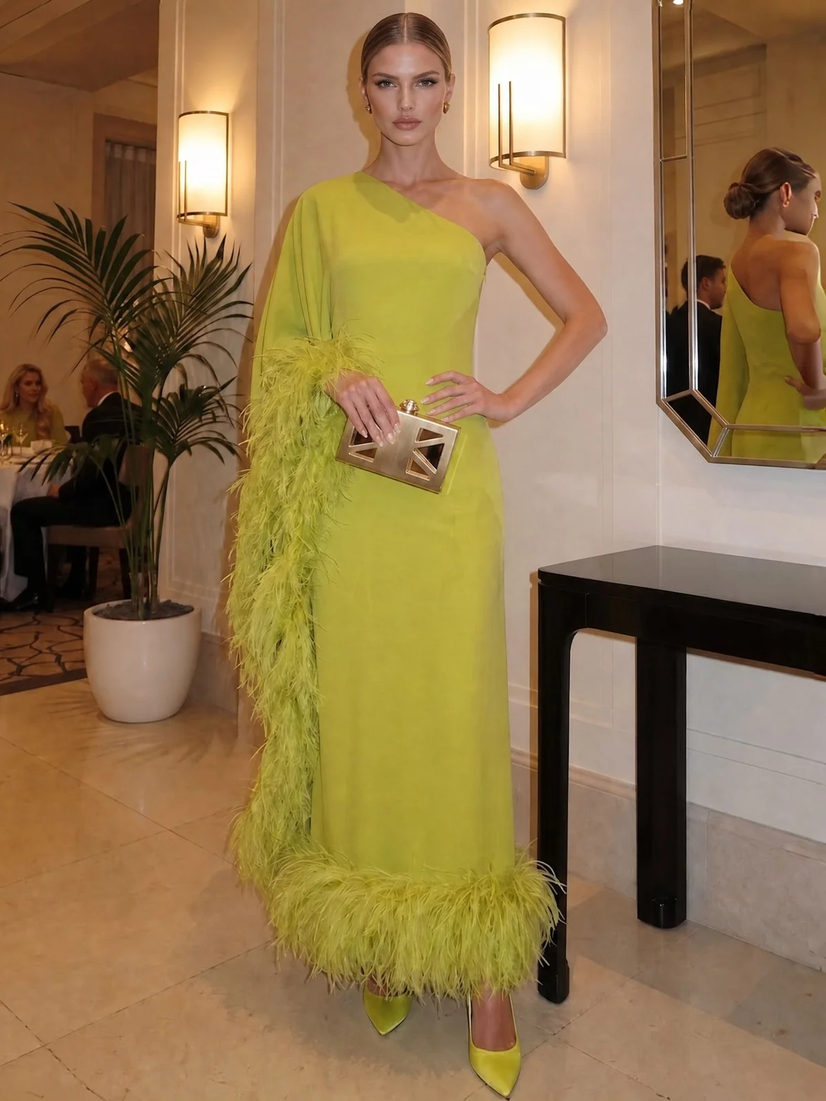 One-Shoulder Feather Trim Chiffon Sheath Evening Gown