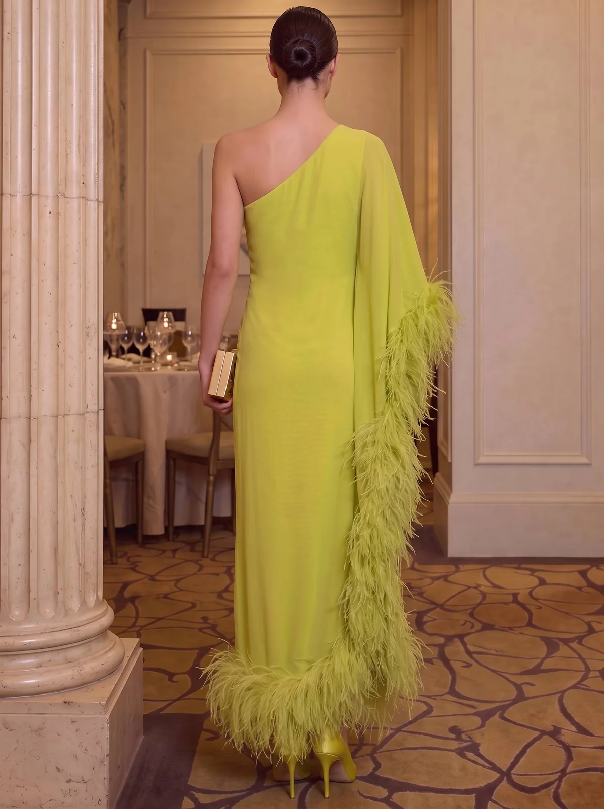 One-Shoulder Feather Trim Chiffon Sheath Evening Gown