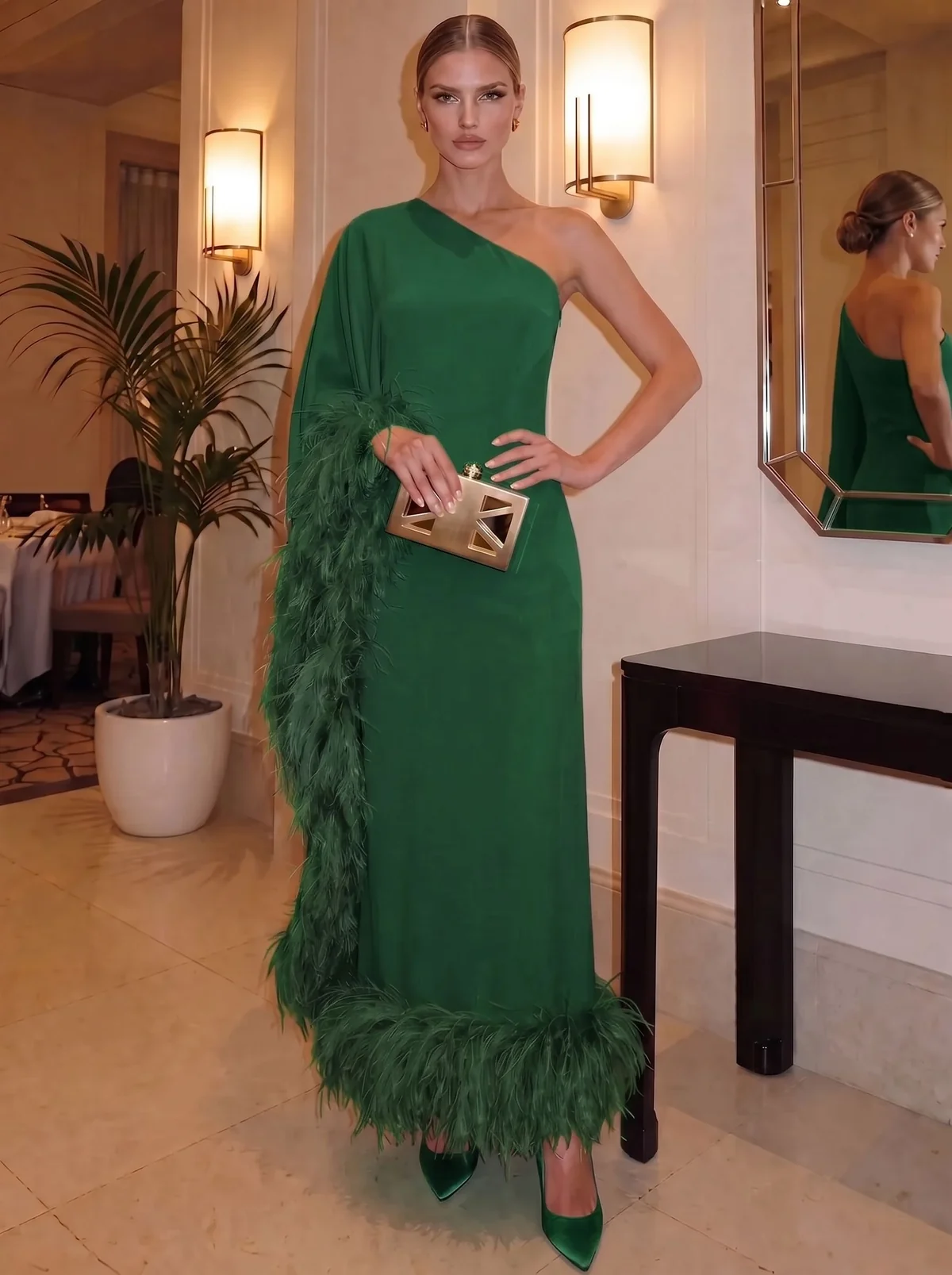 One-Shoulder Feather Trim Chiffon Sheath Evening Gown