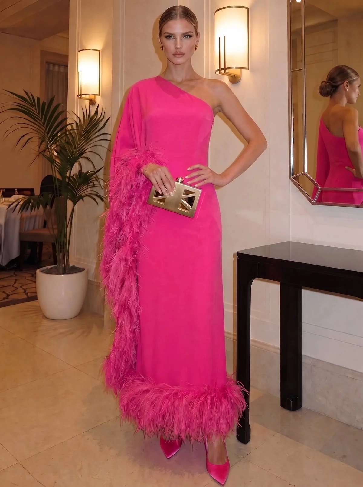One-Shoulder Feather Trim Chiffon Sheath Evening Gown