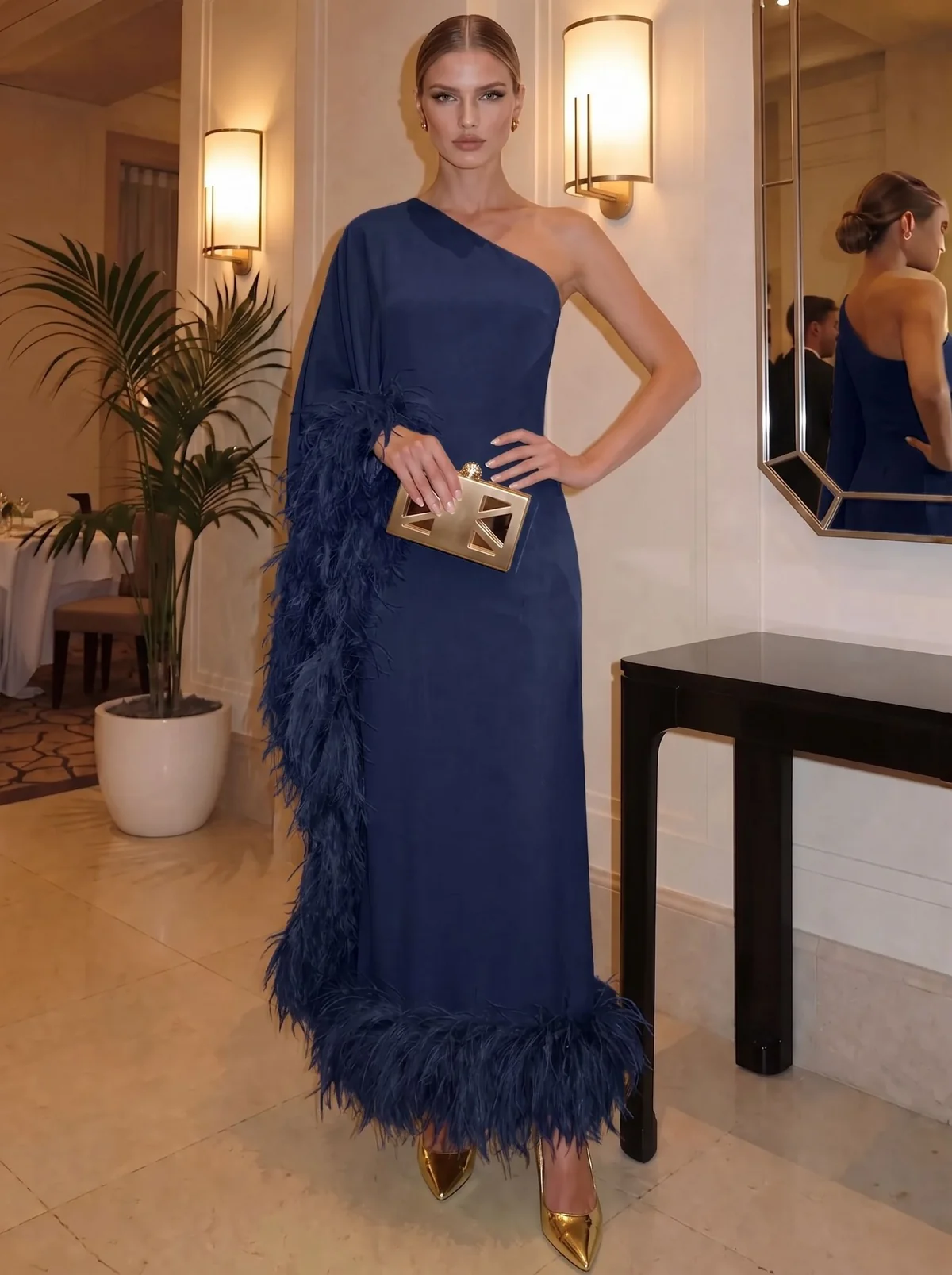 One-Shoulder Feather Trim Chiffon Sheath Evening Gown