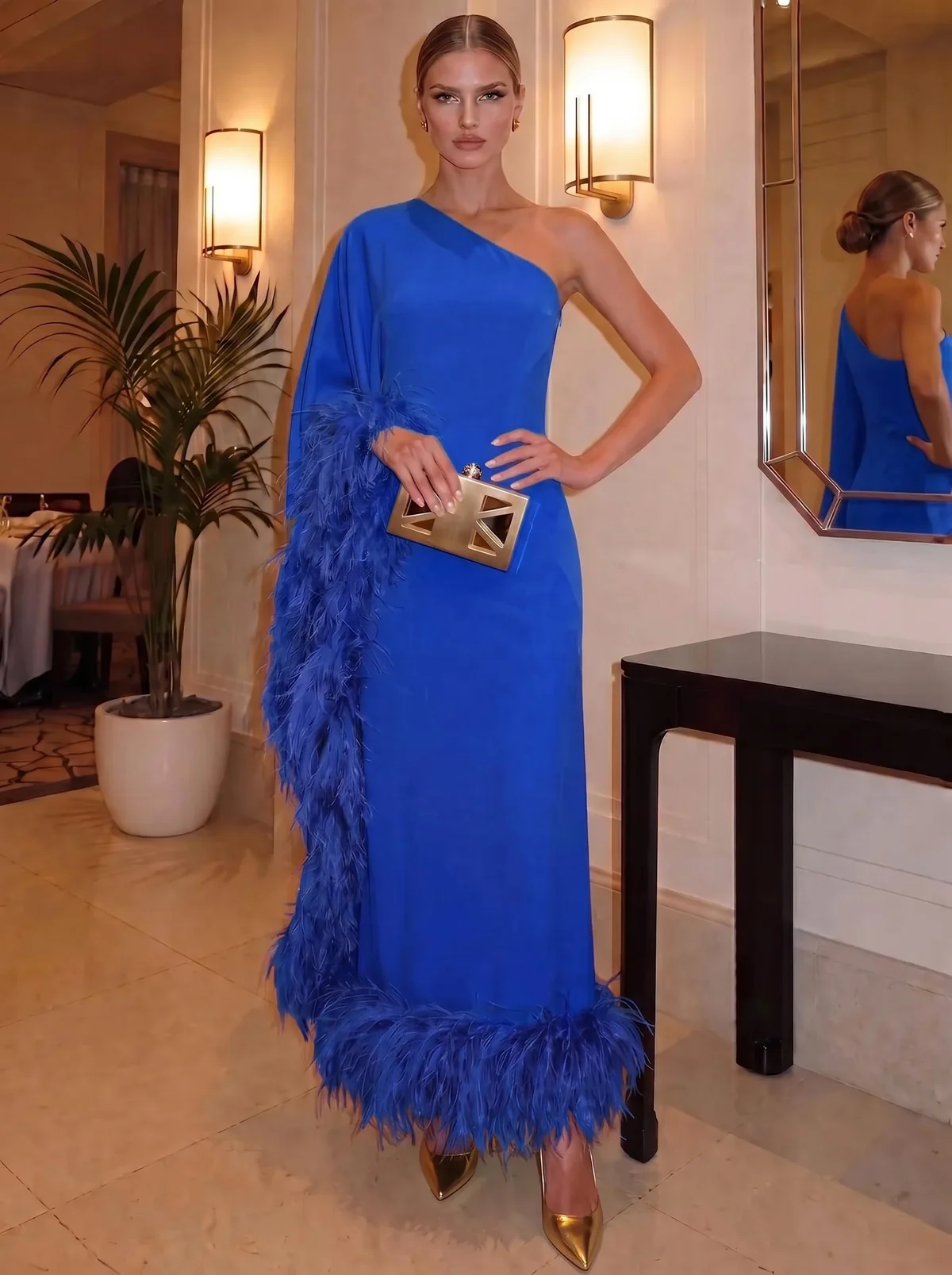 One-Shoulder Feather Trim Chiffon Sheath Evening Gown