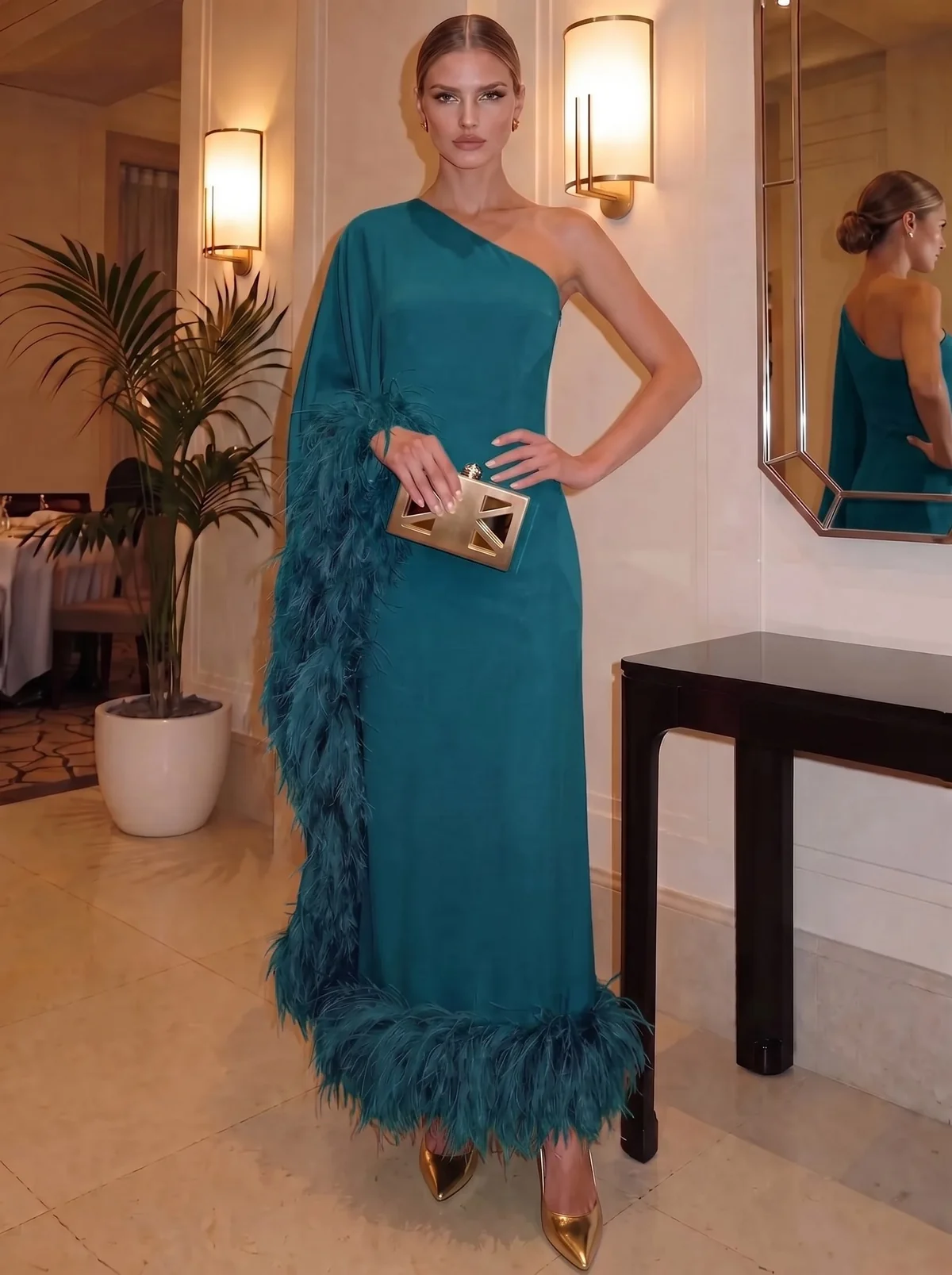 One-Shoulder Feather Trim Chiffon Sheath Evening Gown