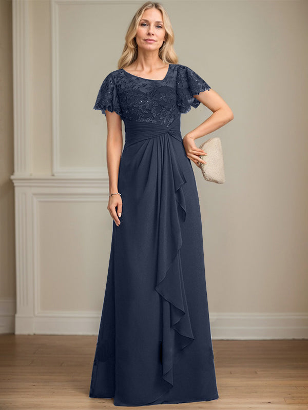 A-line Asymmetrical Illusion Floor-Length Lace Chiffon Mother of the Bride Dress With Cascading Ruffles Sequins