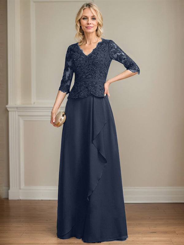 A-line V-Neck Floor-Length Lace Chiffon Mother of the Bride Dress With Cascading Ruffles Sequins