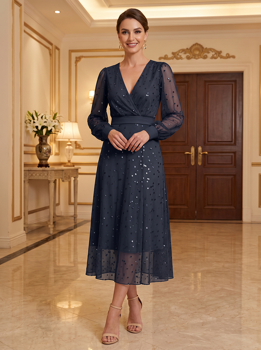 V-Neck Long Sleeve Sequin Tulle Midi Dress