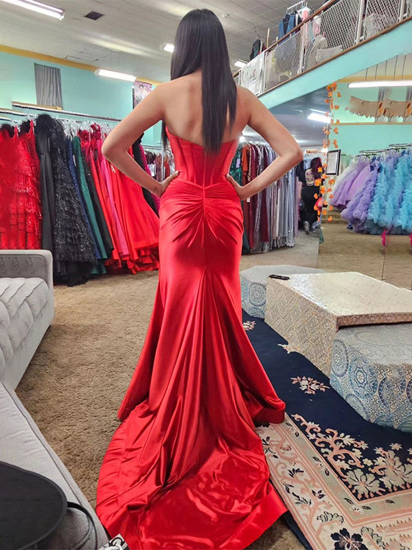 Navy Mermaid Strapless Corset Bodice Prom Dress with Slit