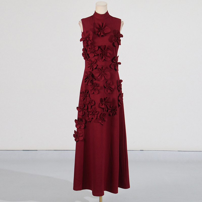 3D Floral High Neck Sleeveless Maxi Dress Black