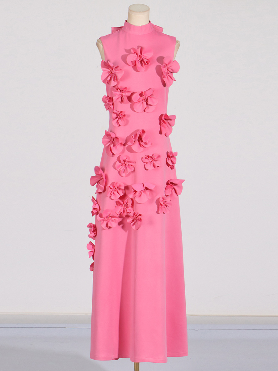 3D Floral High Neck Sleeveless Maxi Dress Black