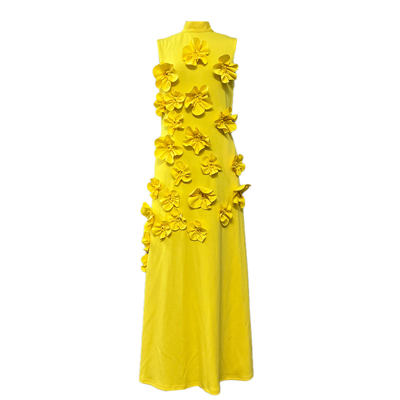 3D Floral High Neck Sleeveless Maxi Dress Black