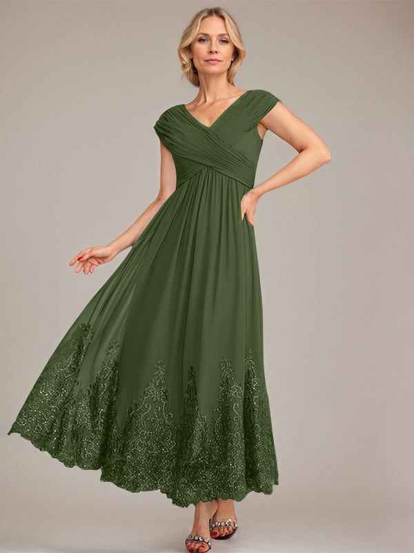A-line V-Neck Ankle-Length Chiffon Mother of the Bride Dress With Applique Sequins