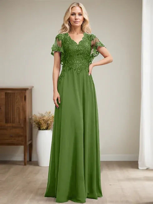 A-line V-Neck Floor-Length Lace Chiffon Mother of the Bride Dress With Sequins